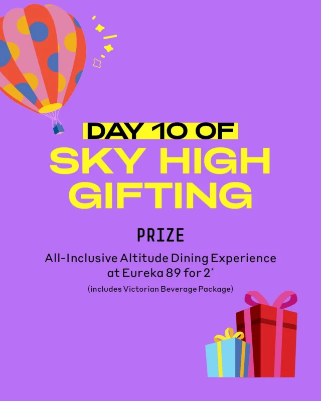 🎄 12 Days of Sky-High Gifting – DAY 10 ✨
@melbourneskydeck x @89_eureka

🍽️ On the tenth day of Christmas in July in the sky... Melbourne Skydeck gave to me... the chance to WIN an unforgettable dining experience above Melbourne! ✨

🎁 DAY 10 PRIZE
All-inclusive Altitude Dining Experience at Eureka 89 for 2, including Victorian Beverage Package, valued at $350.

Experience Melbourne’s highest restaurant with an unforgettable all-inclusive dining experience for two at Eureka 89. Indulge in exceptional cuisine, perfectly paired beverages and breathtaking panoramic views from 89 floors above the city. Whether you’re celebrating a special occasion or simply treating yourself, this is dining at new heights. 🥂✨

To enter to win today’s prize:
1️⃣ Follow @melbourneskydeck and @89_eureka on Instagram or Facebook (whichever platform you’re entering from).
2️⃣ Tag a friend in the comments below (multiple entries welcome – one tag per comment).
3️⃣ Like this post.

Good luck! 🍾✨

Twelve winners will be drawn at random at the end of the promotion, with one winner selected for each of the 12 prizes.

To be eligible, enter on the prize post for the specific day you’d like to win, as entries only apply to that day’s prize. Entries are open across both Instagram and Facebook for both Melbourne Skydeck and Eureka 89.

For full Terms & Conditions, visit: https://www.melbourneskydeck.com.au/competition-terms-and-conditions/

Prize includes an all-inclusive Altitude Dining Experience for two people at Eureka 89, inclusive of Victorian Beverage Package, valued at $350.

#melbourneskydeck #eureka89 #ChristmasInJuly #melbournegiveaway #giveawaymelbourne